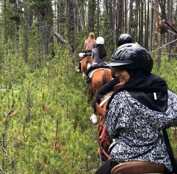 four women on horseback in the woods